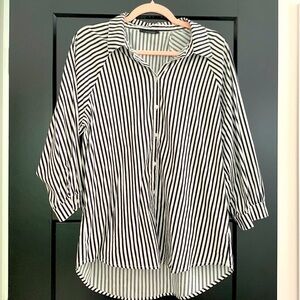 Tahari Black & White Striped Button Down Blouse. 3/4 Sleeves. High/Low. Size L
